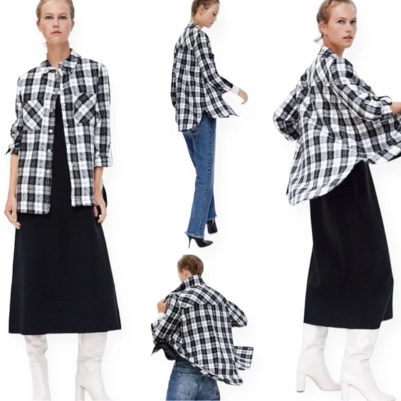 Zara Black Tweed Plaid Oversized Barn Coat Women’s Medium Shirt Jacket Gorpcore - Picture 2 of 10